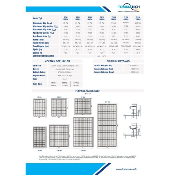 TommaTech 110 Watt 36 Percmono Multi Busbar Güneş Paneli