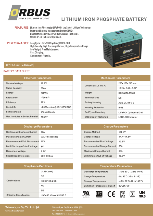 Orbus 12.8 V Volt 60ah Amper Lityum Akü